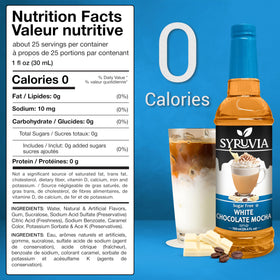 SYRUVIA white chocolate mocha syrup poured over coffee for a café-style finish.
