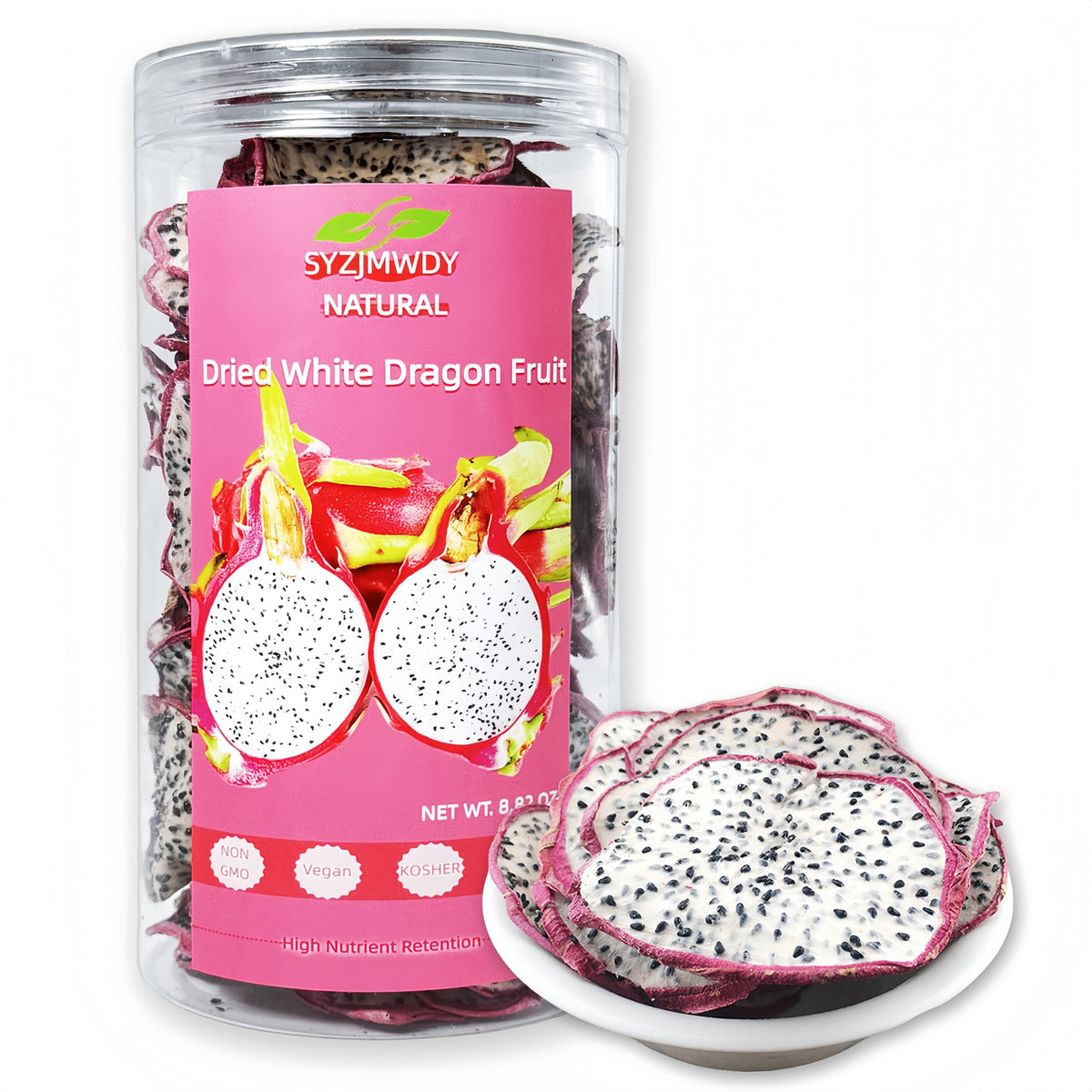 SYZJMWDY dried white dragon fruit slices in resealable jar for convenient snacking