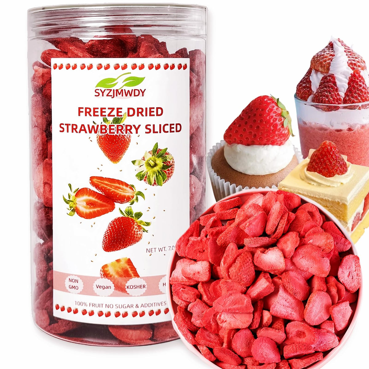 SYZJMWDY freeze-dried strawberry slices in a jar for crisp snacking.