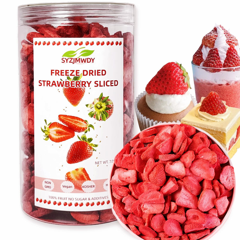 SYZJMWDY freeze-dried strawberry slices in a jar for crisp snacking.