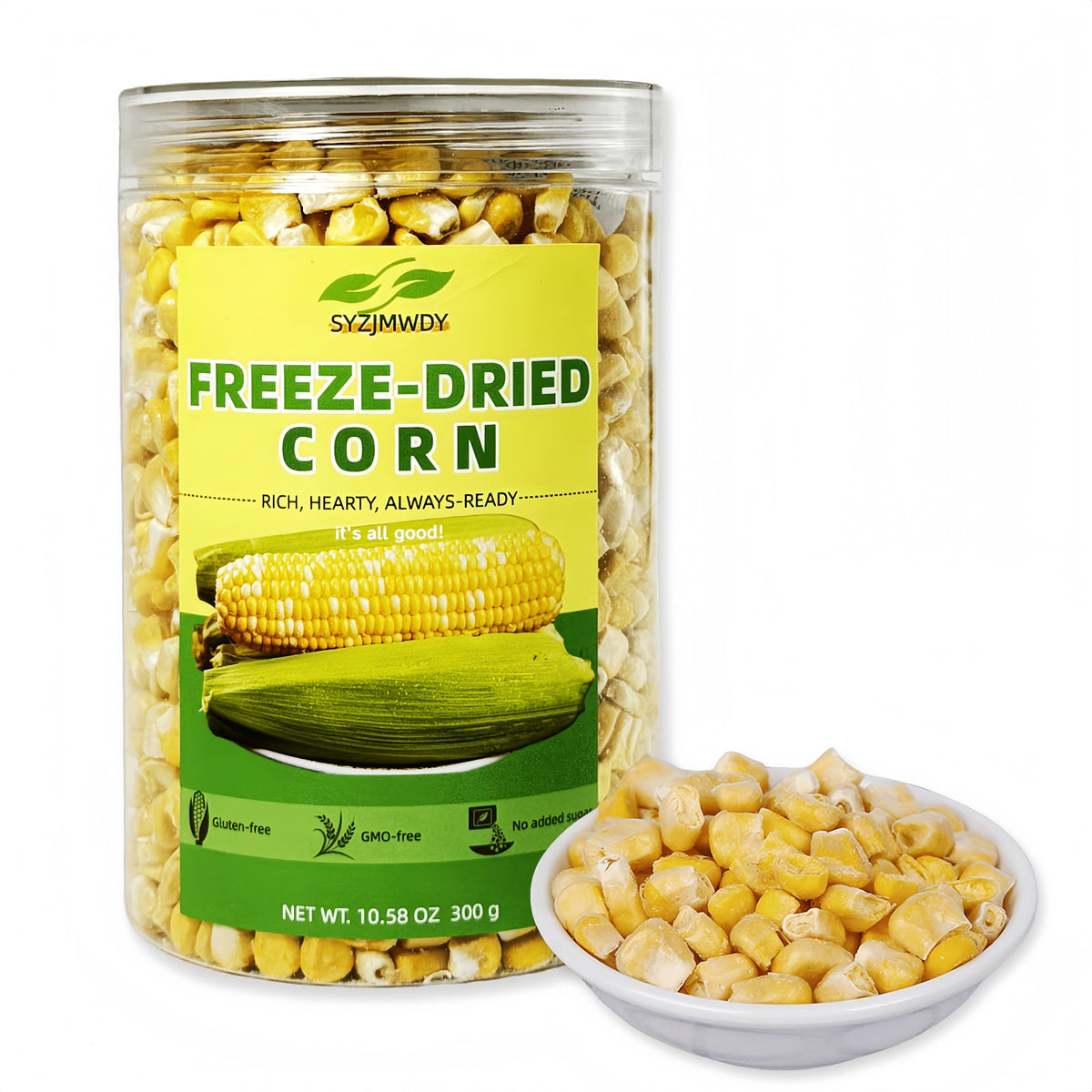 SYZJMWDY freeze-dried sweet corn in a 300g jar for quick crunchy snacks.