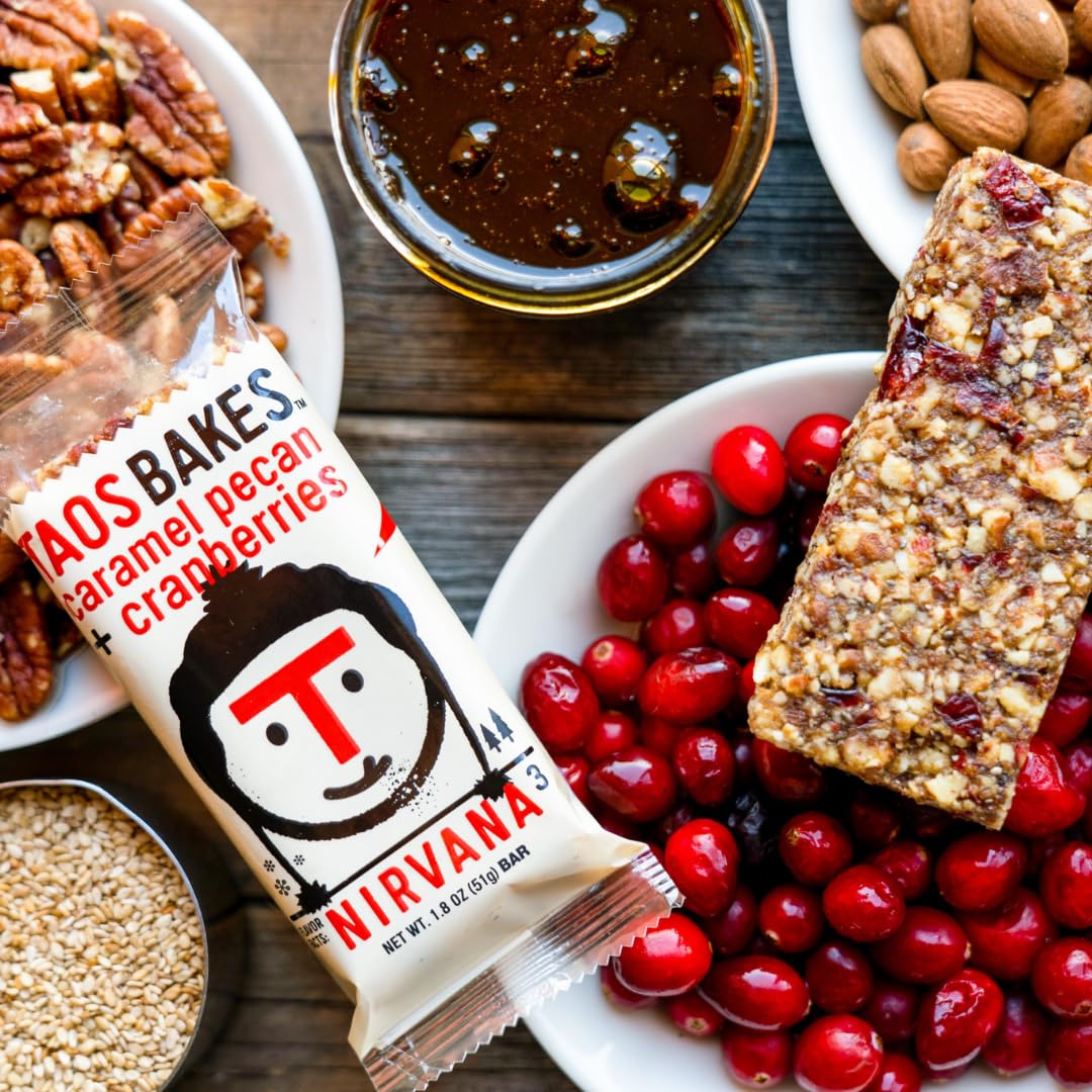 Taos Bakes caramel-pecan-cranberries bar front-angled shot, kids-friendly snack.