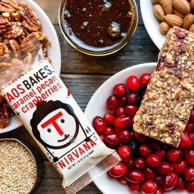Taos Bakes caramel-pecan-cranberries bar front-angled shot, kids-friendly snack.