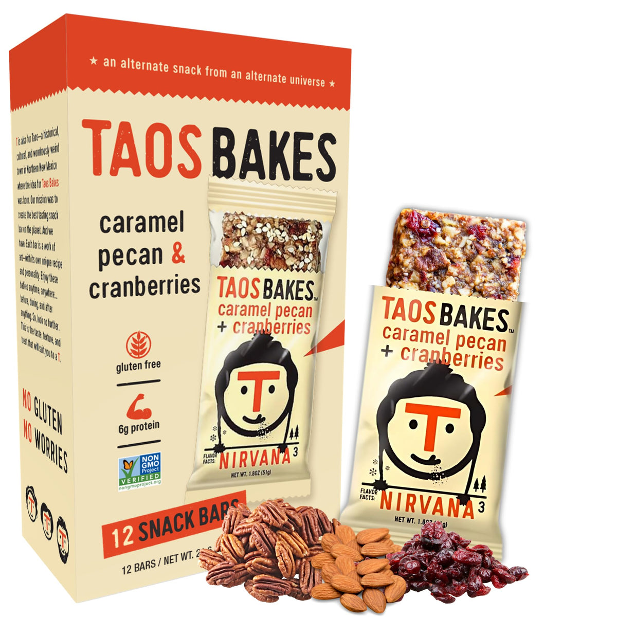 Taos Bakes caramel-pecan-cranberries breakfast bar front view, ideal for on-the-go mornings.