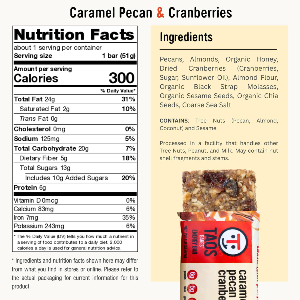 Taos Bakes caramel-pecan-cranberries breakfast bar close-up showing nuts and seeds for texture.