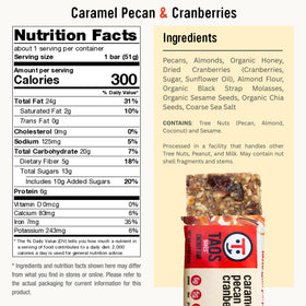 Taos Bakes caramel-pecan-cranberries breakfast bar close-up showing nuts and seeds for texture.