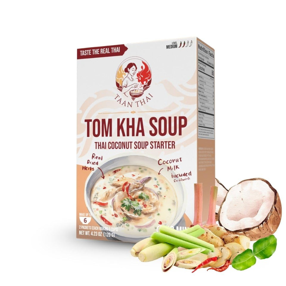 TAAN THAI Tom Kha Soup Starter box front for quick, authentic Thai meals.