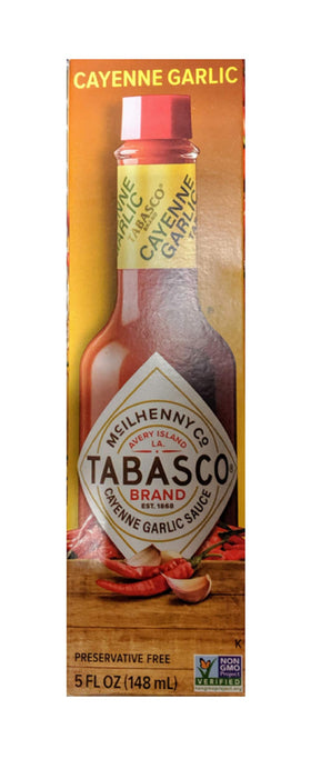 Tabasco Cayenne Garlic Sauce 5oz bottle ready to add garlicky heat to eggs and tacos.