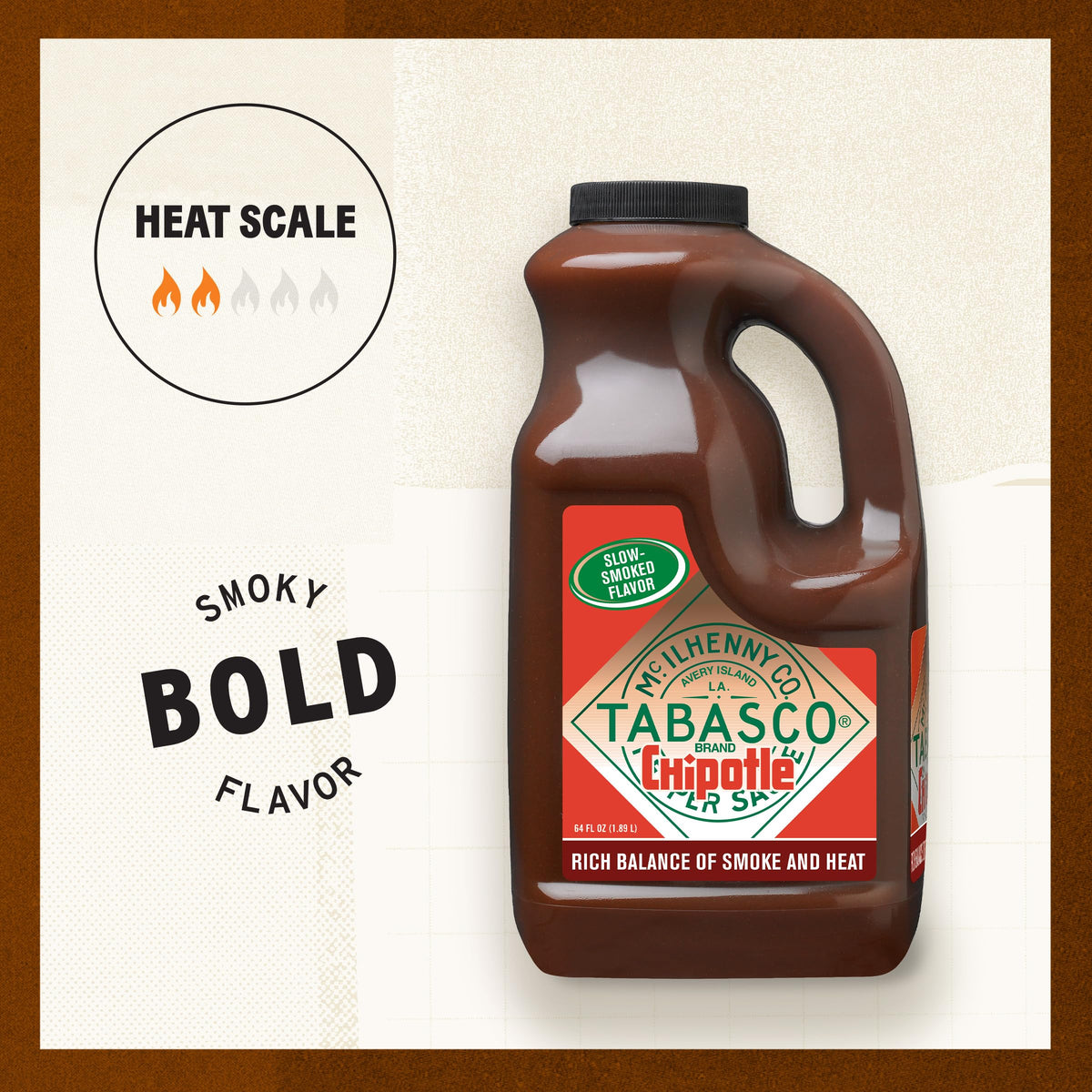 TABASCO Chipotle bottle close-up showing smooth smoky finish for grills.