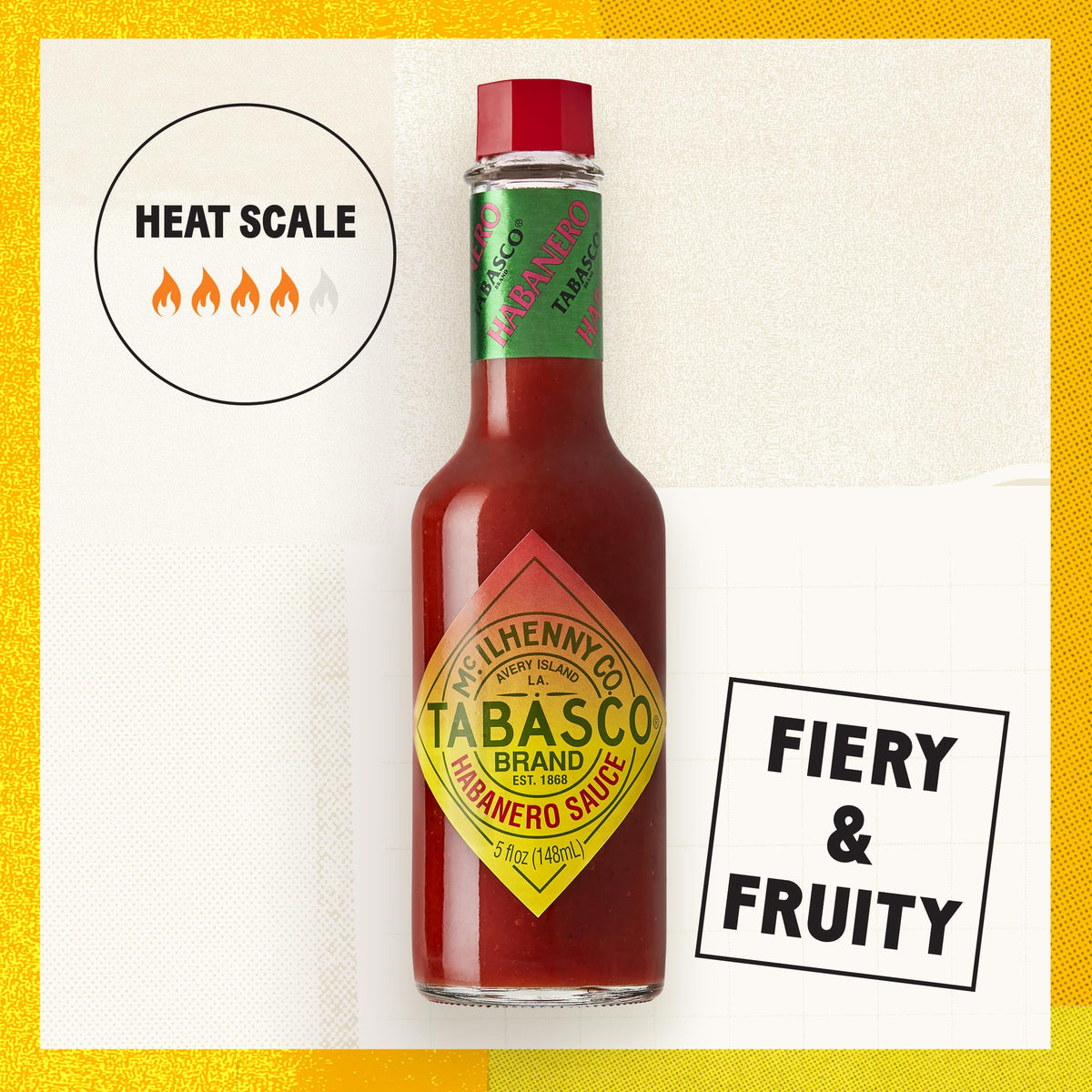 TABASCO Habanero sauce front label image highlights fiery sweet heat for jerk chicken.