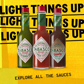 TABASCO Habanero sauce 64oz kitchen counter image signals Caribbean heat and bold flavor.