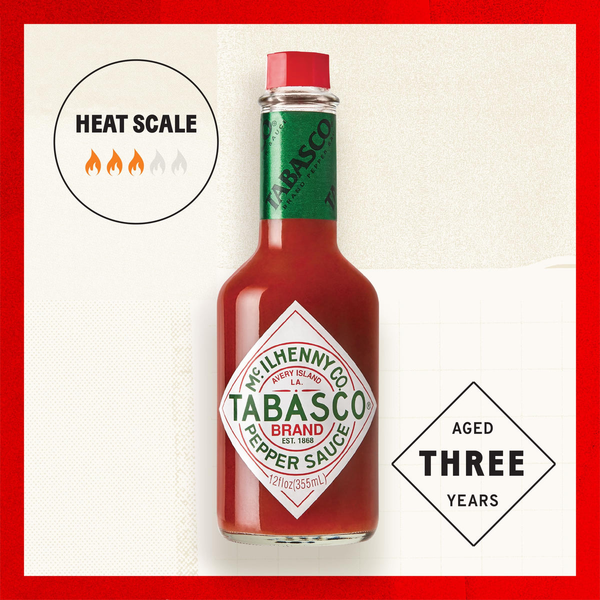 TABASCO Original Red Sauce label closeup showing classic ingredients.