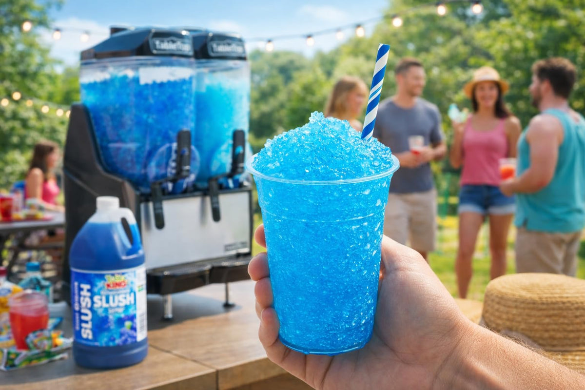 TableTop King Blue Raspberry Slushy glass serves vibrant frozen drinks