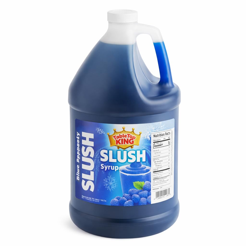 TableTop King Blue Raspberry Slushy Mix bottle shows bold color for high-volume concessions