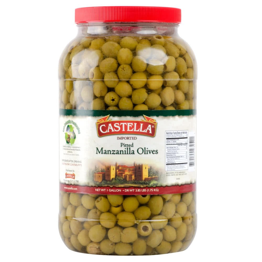 TableTop King Manzanilla olives in a jar, pitted, ideal for martinis and Greek salads.