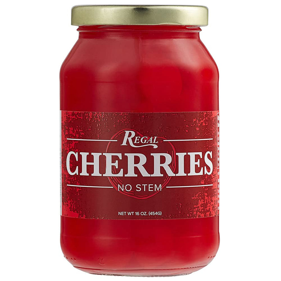 TableTop King Regal 16oz stemless red maraschino cherries in a jar, ideal garnish