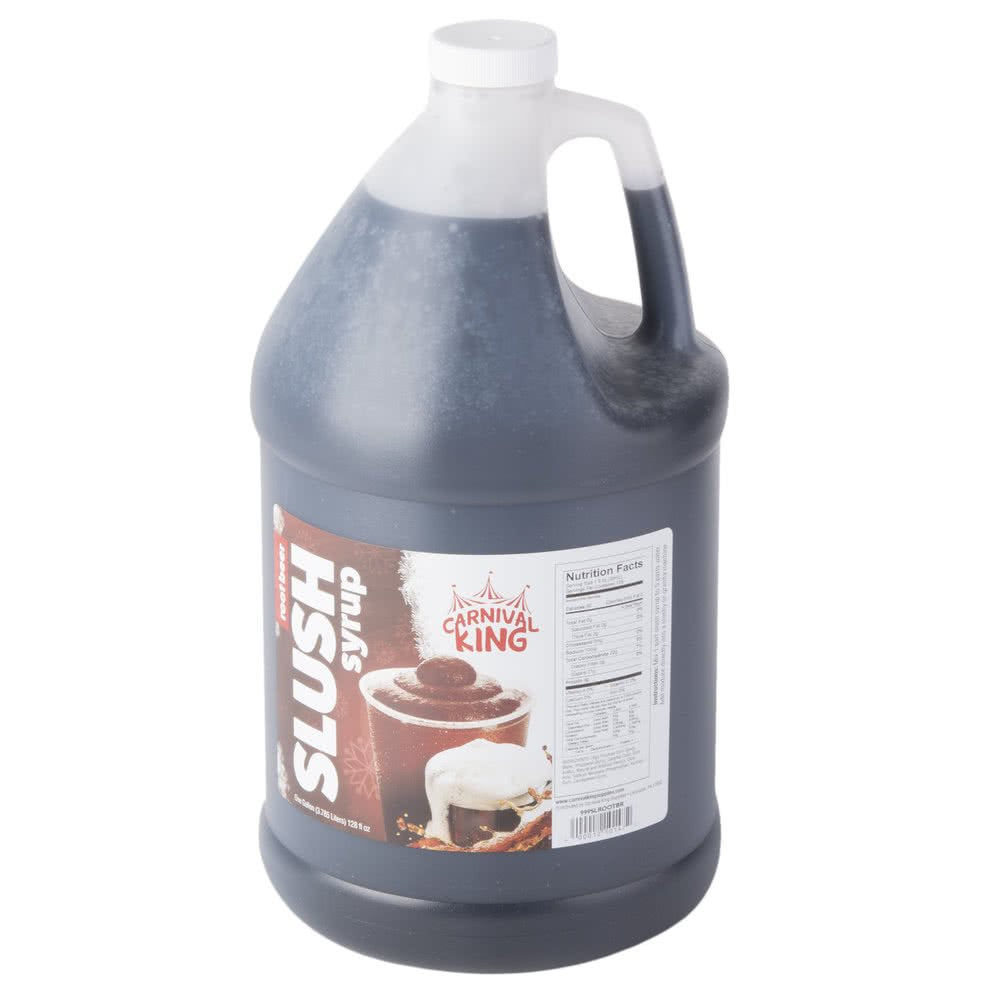 TableTop King root beer slushy syrup pouring into a cup for quick service.