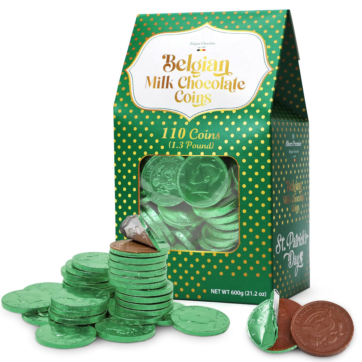 Taboom Belgian chocolate coins bulk with green foil, perfect for party favors and gifts.