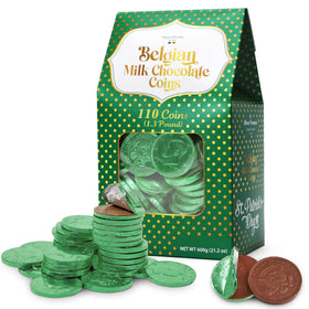 Taboom Belgian chocolate coins bulk with green foil, perfect for party favors and gifts.
