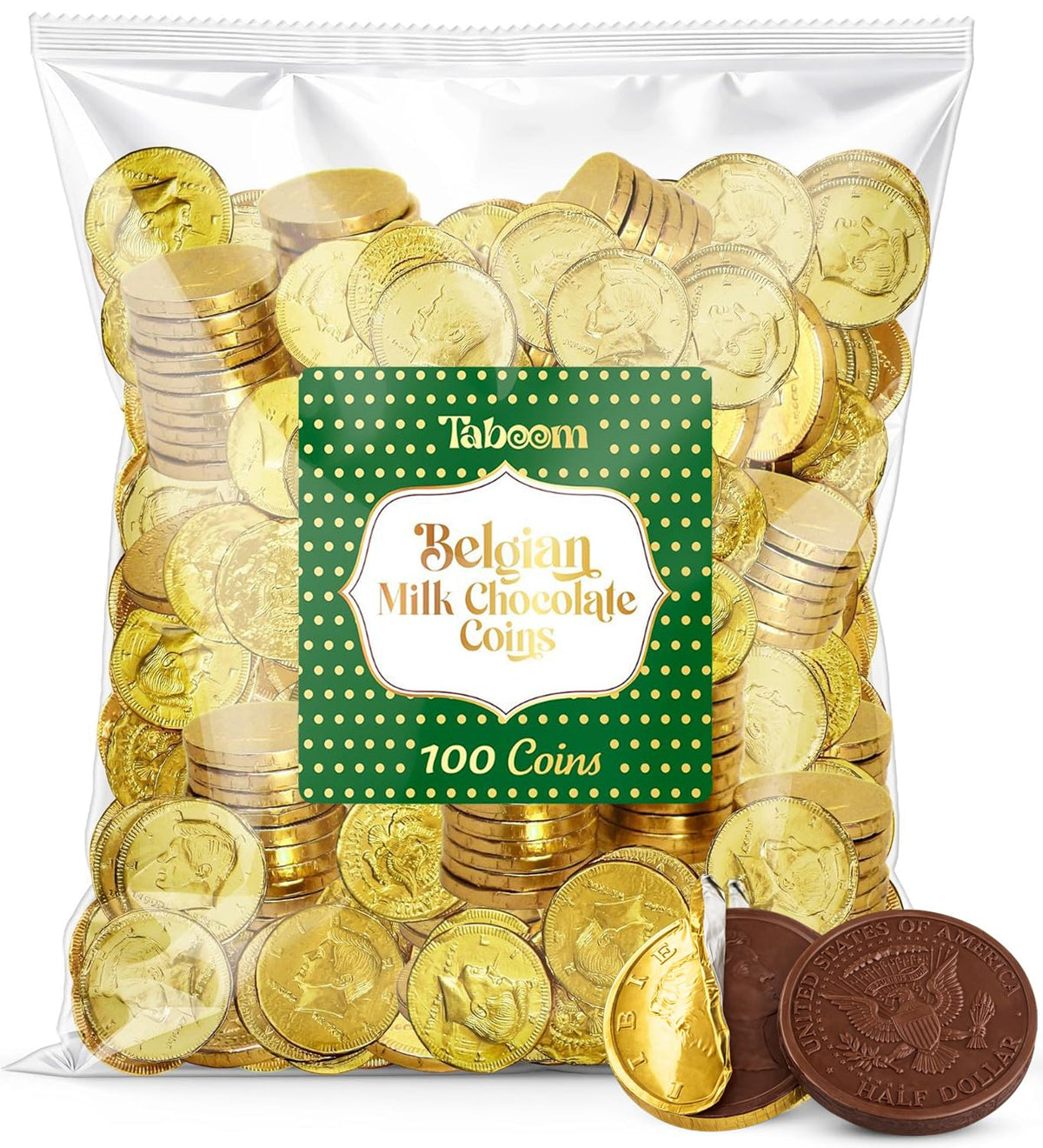 Taboom Belgian Milk Chocolate Gold Coins in gold foil for polished party displays and gifting.