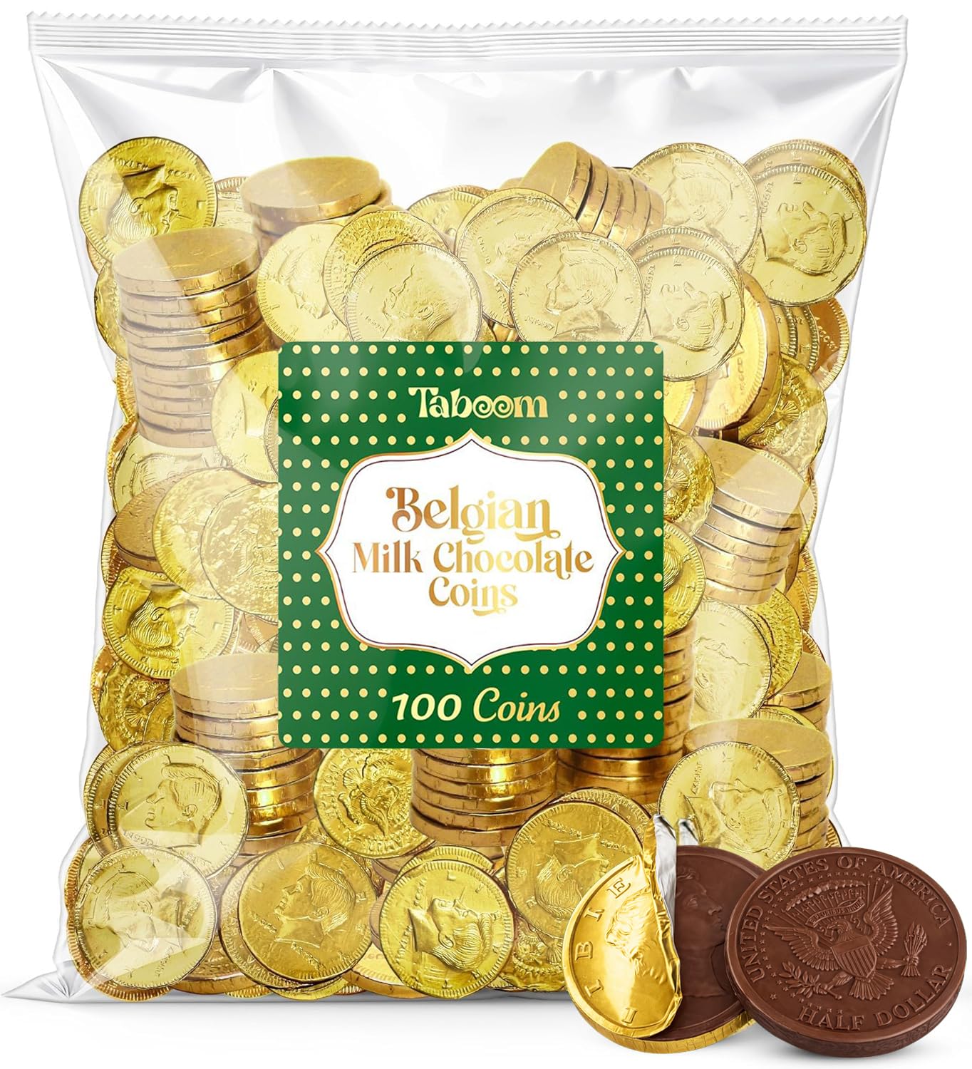 Taboom Belgian Milk Chocolate Gold Coins in gold foil for polished party displays and gifting.