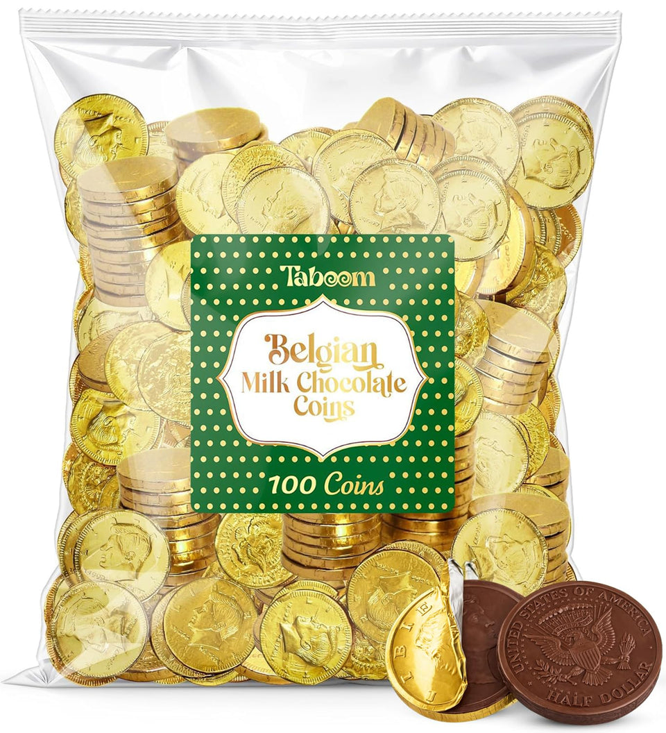 Taboom Belgian Milk Chocolate Gold Coins in gold foil for polished party displays and gifting.