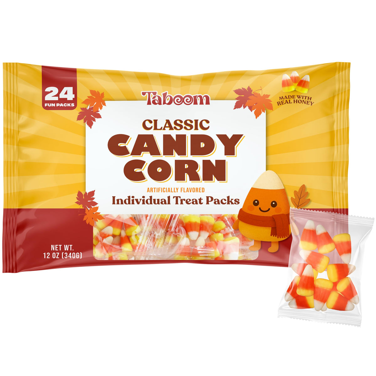 Taboom Candy Corn mini pack with tri-color candy corn for quick trick-or-treat sharing.