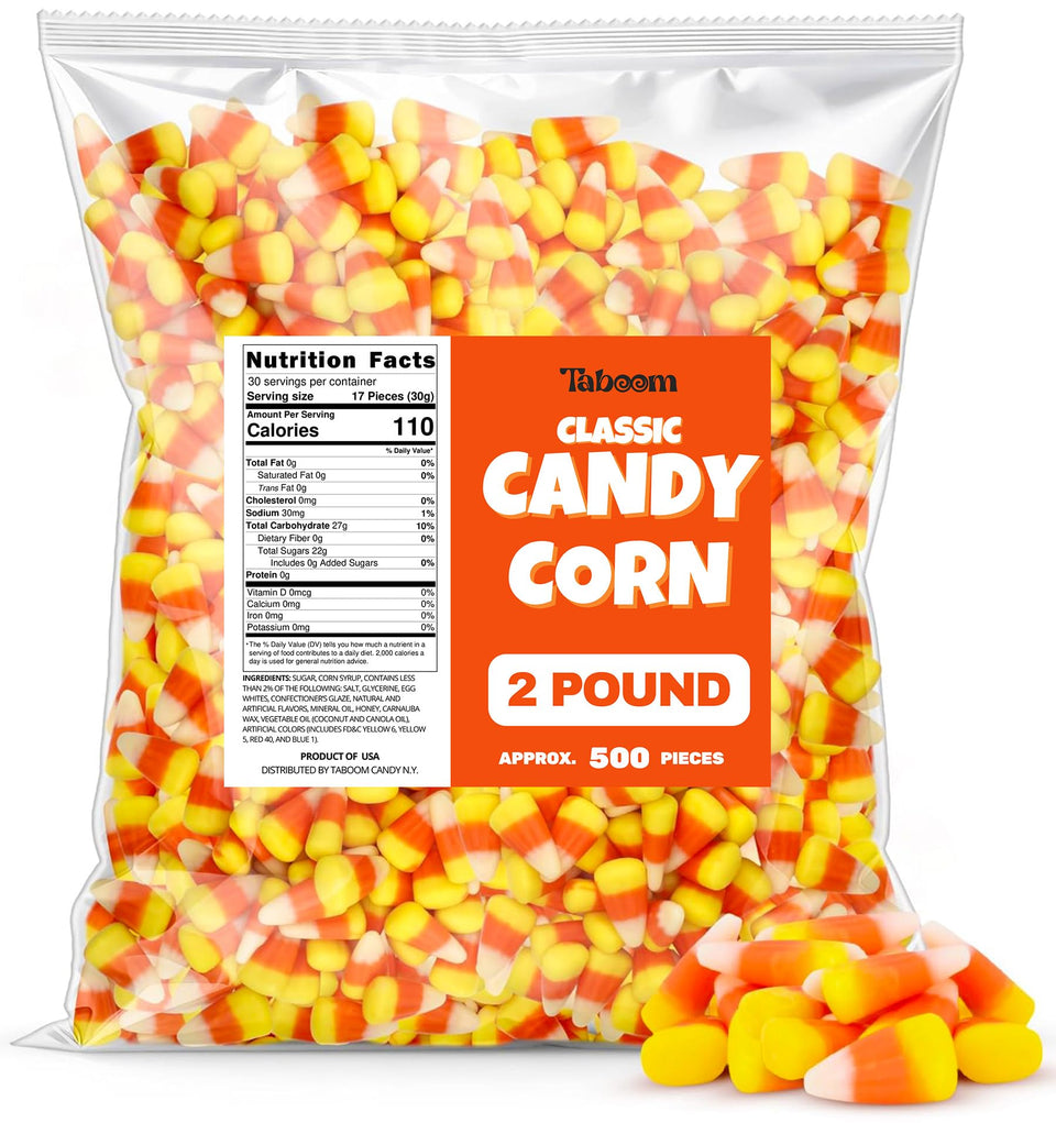Taboom candy corn tri-color bulk 2lb bag, ideal for autumn bowls and party favors.