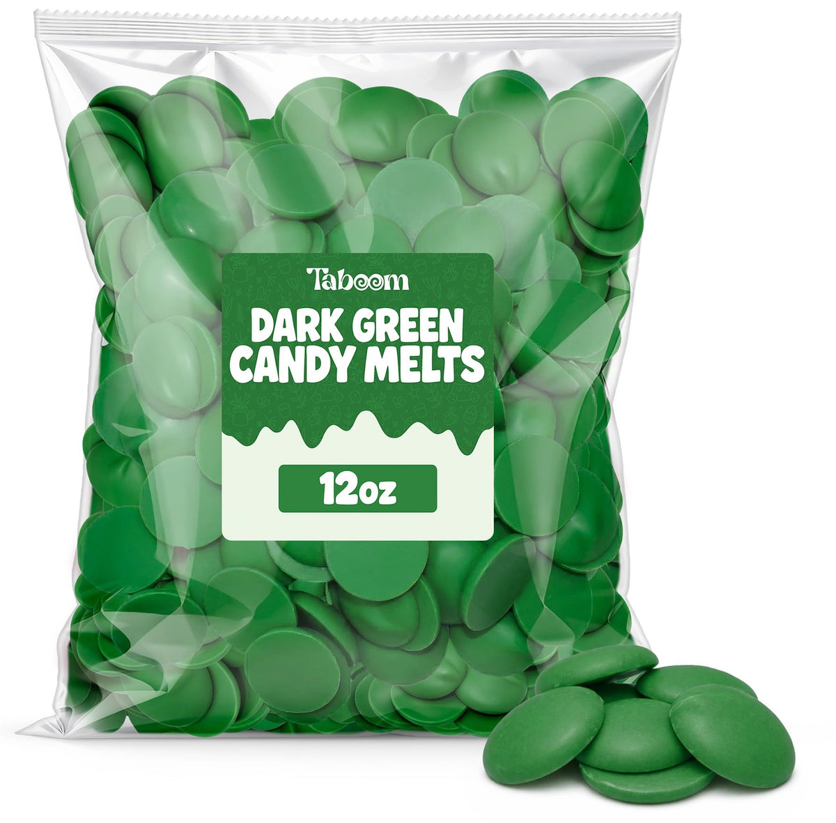 Taboom dark green candy wafer melts for dipping with silky smooth coating and vanilla flavor.