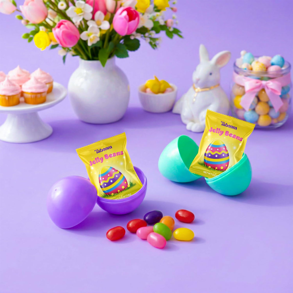 Taboom Easter egg hunt display with vibrant jelly beans in mini packs