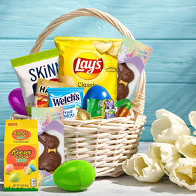 Taboom Easter Snacks Care Package Gift Box displays a variety of candies and treats.