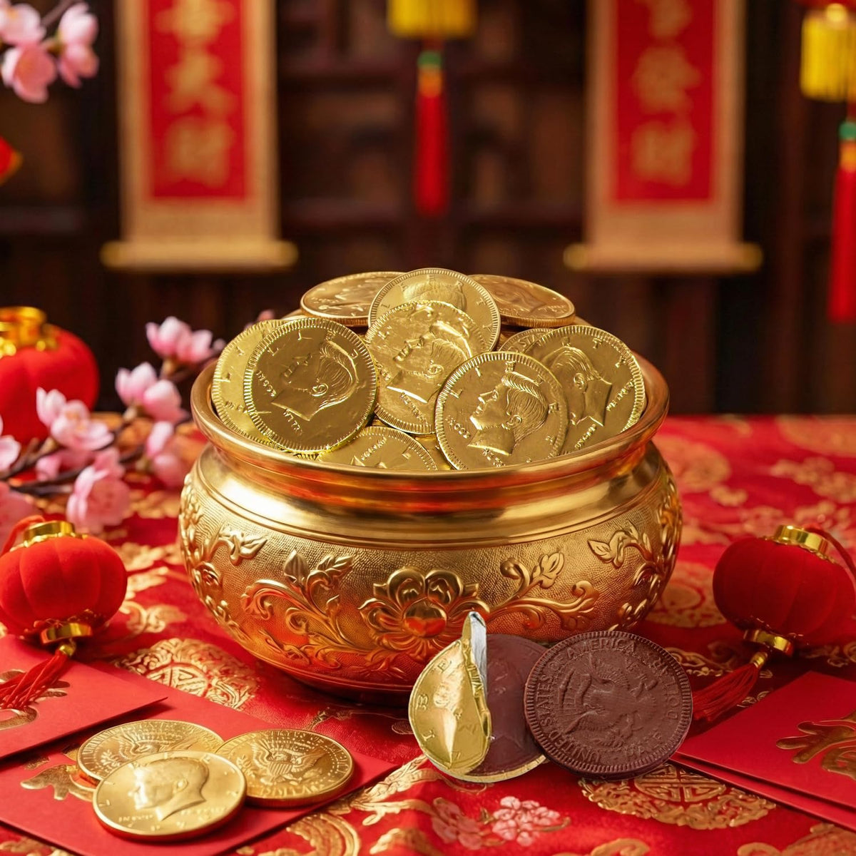Closeup of Taboom coins' shiny gold foil and creamy texture.