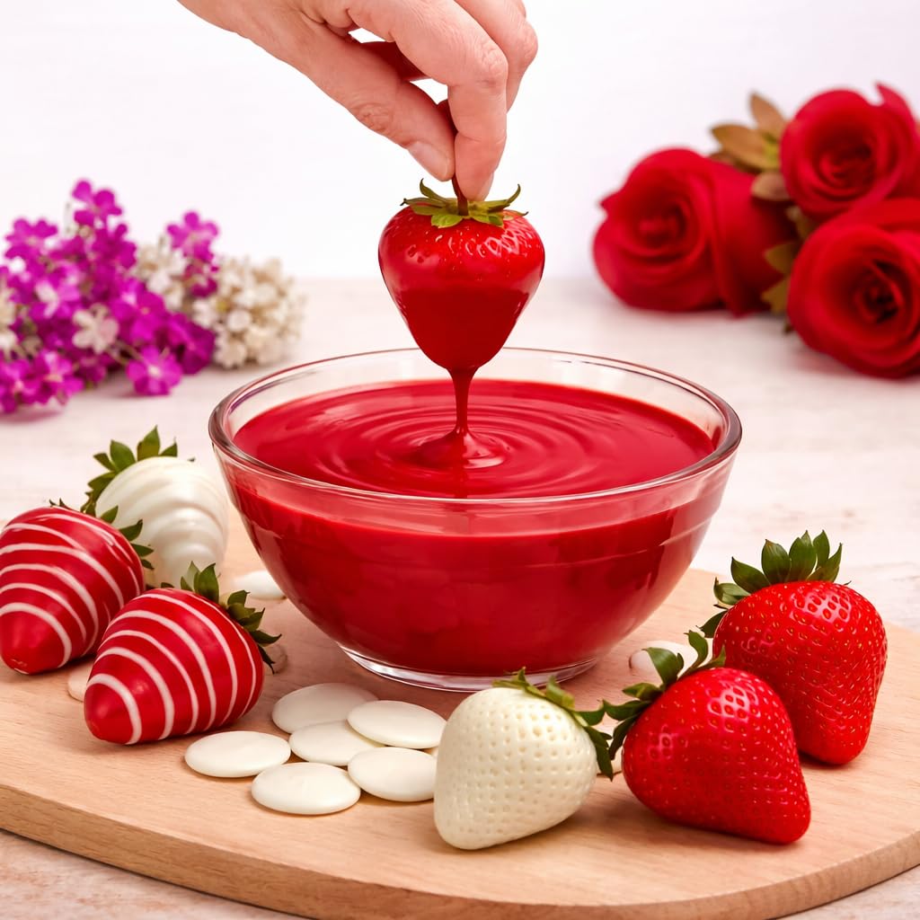 Taboom red wafers for dipping strawberries create vibrant treats.