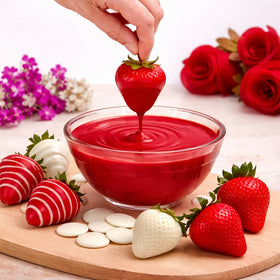 Taboom red wafers for dipping strawberries create vibrant treats.