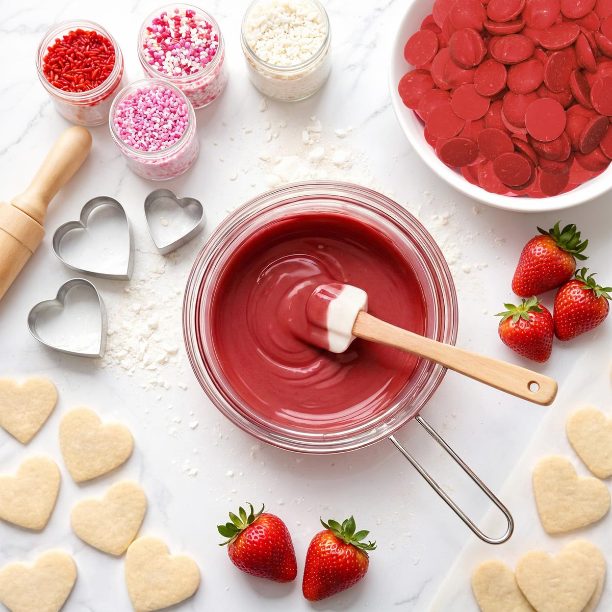 Taboom red wafers decorate cookies with a shiny finish.