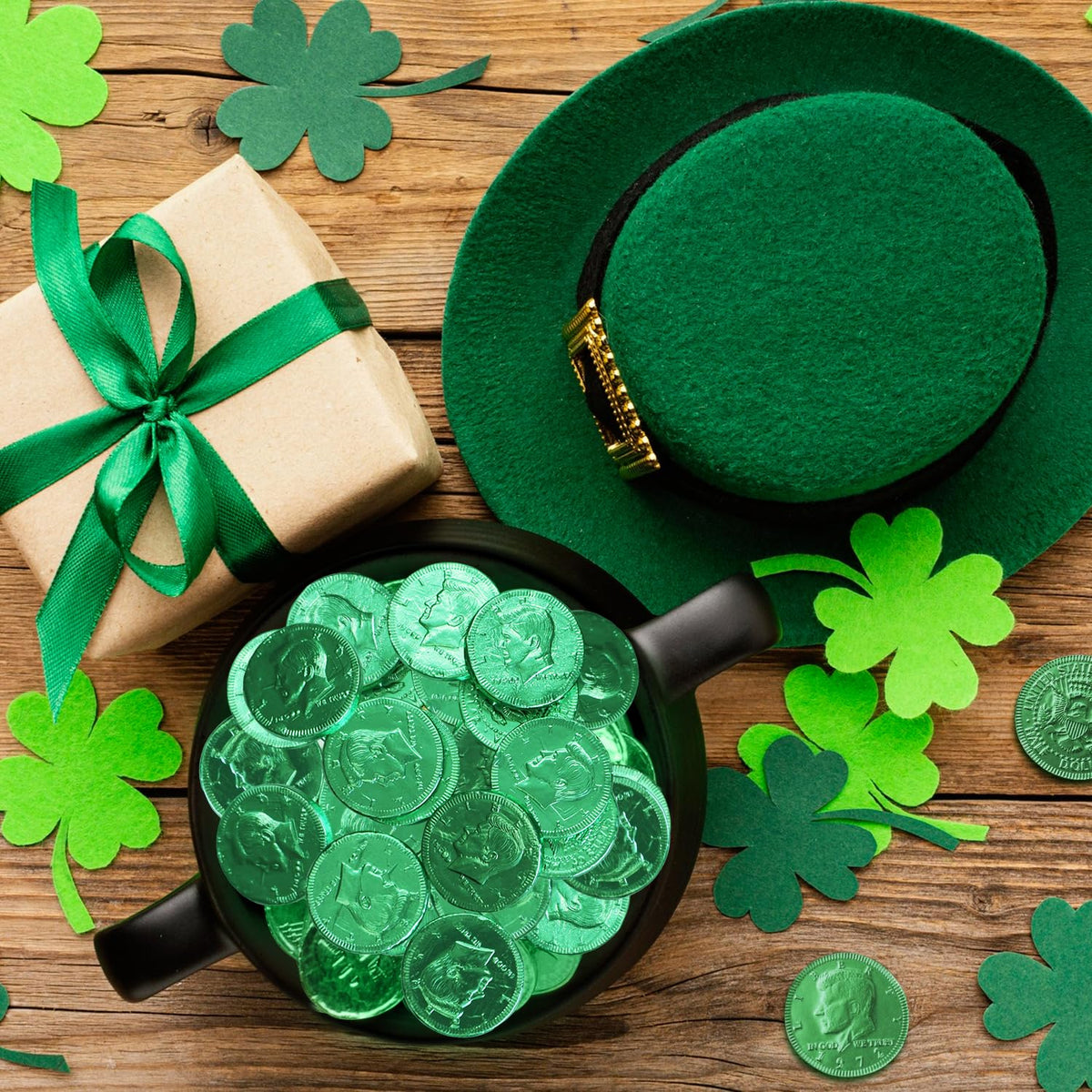 St Patrick's Day themed display featuring Taboom green-wrapped chocolates.