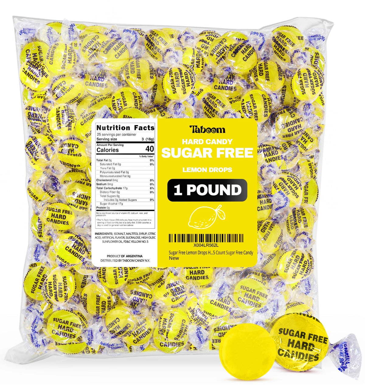 Taboom sugar-free lemon candy disc, individually wrapped for freshness and on-the-go snacking.