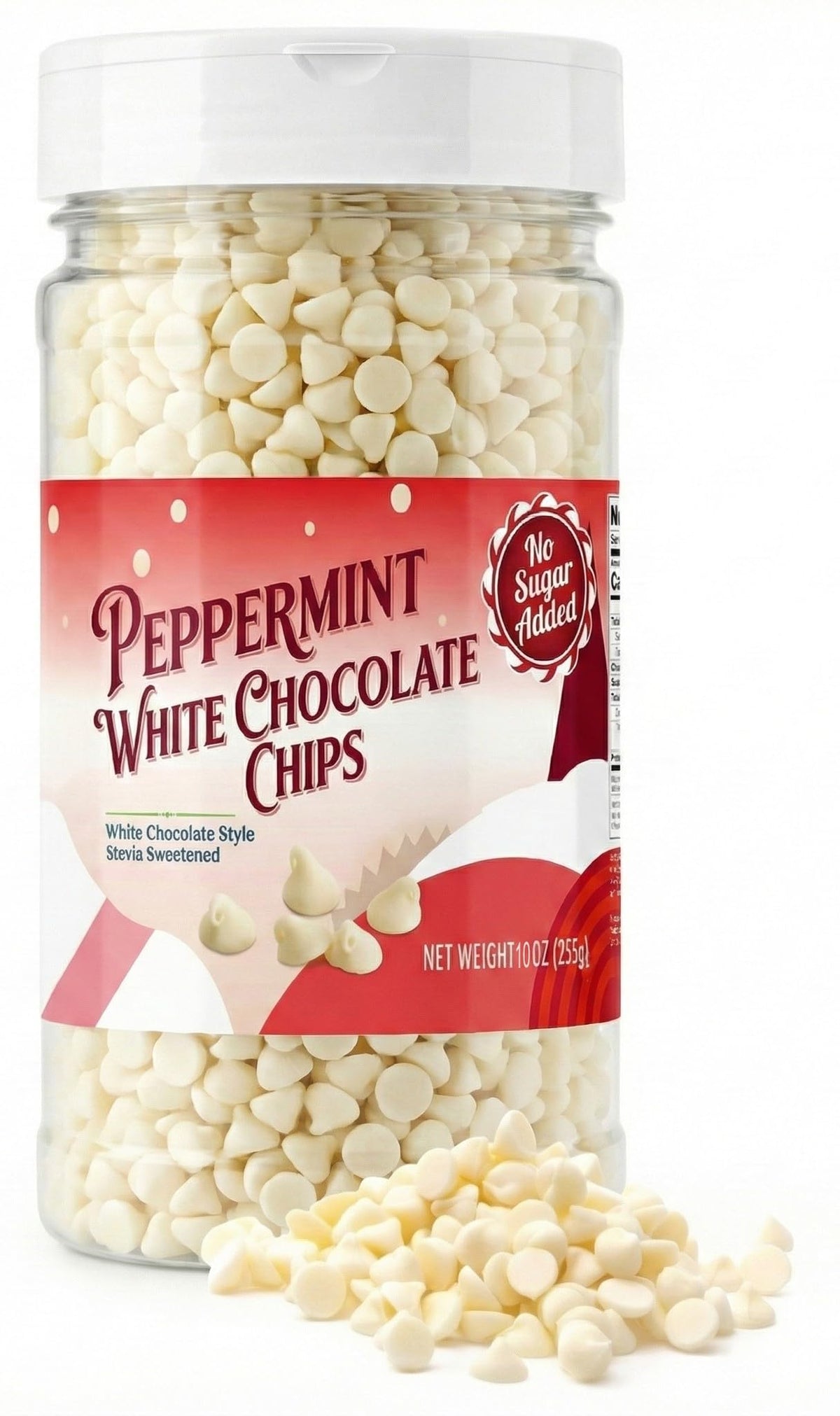 Taboom sugar-free peppermint baking chips bottle; minty, low-sugar option for cookies.