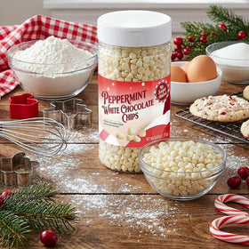 Taboom white chocolate style peppermint chips; melts smoothly for fudge and bark.
