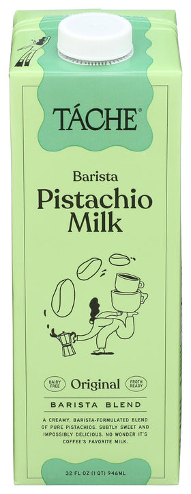 Táche pistachio milk barista bottle pour enhances coffee with smooth texture.