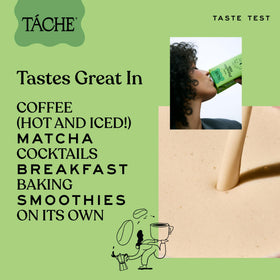 Táche Pistachio Milk bottle on shelf with dairy-free label.