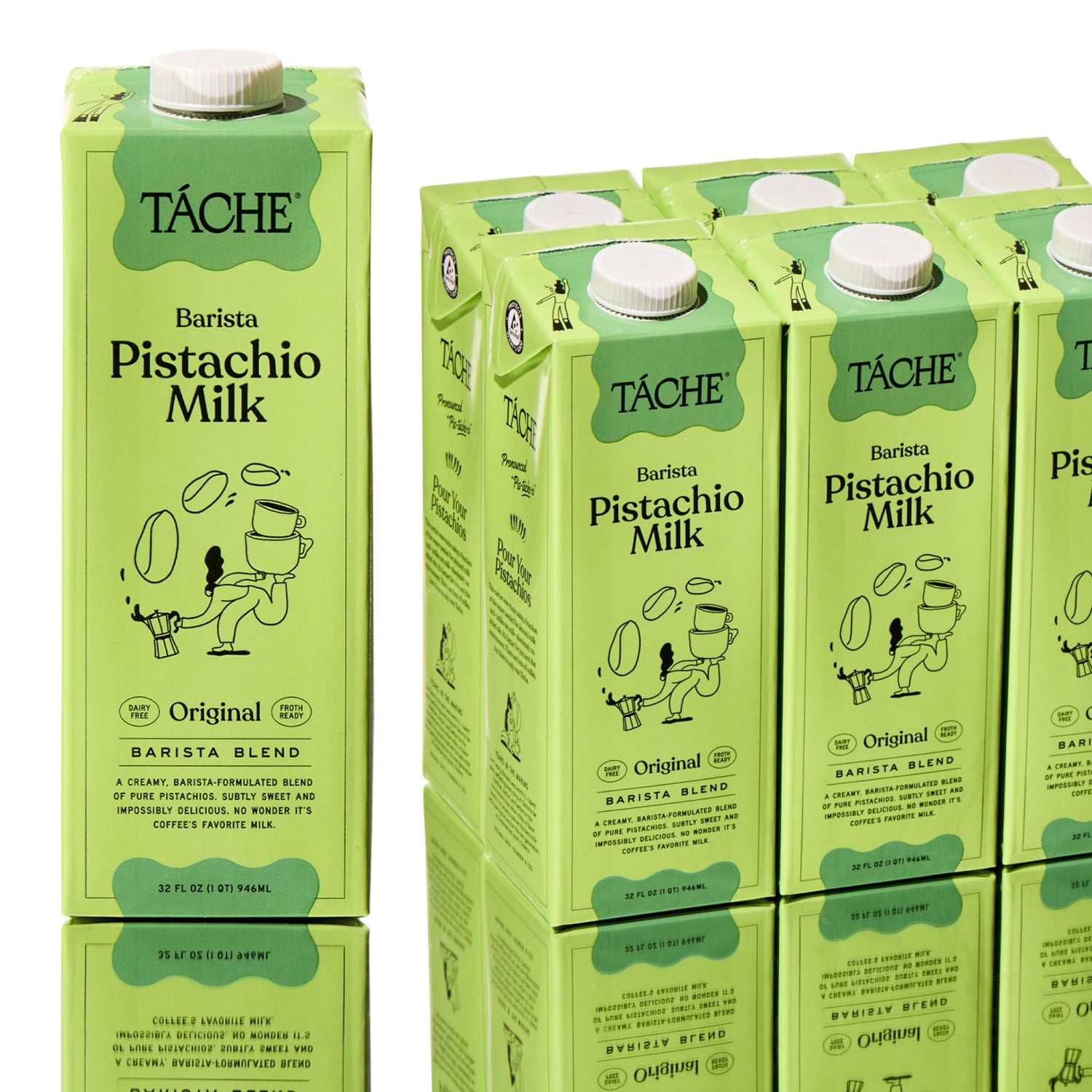 Táche Pistachio Milk being poured into coffee for a silky latte.