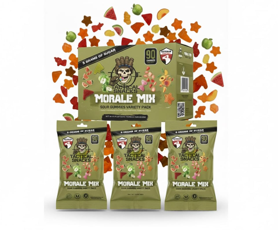 Tactical Snacks Sour Gummies pack shot showing portable packaging and low sugar.