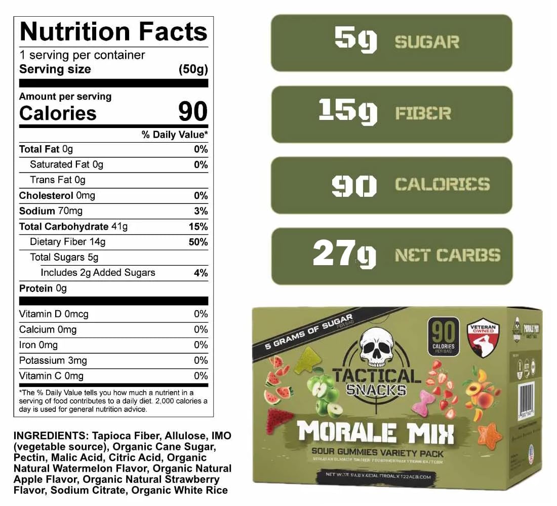 Tactical Snacks Sour Gummies Watermelon Overwatch—bright flavor and 3g sugar per bag.