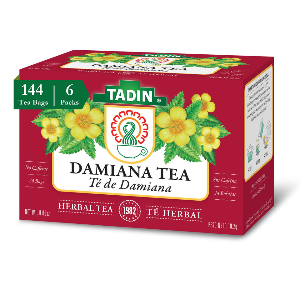Tadin Damiana Tea box front inviting calm and a warm ritual.