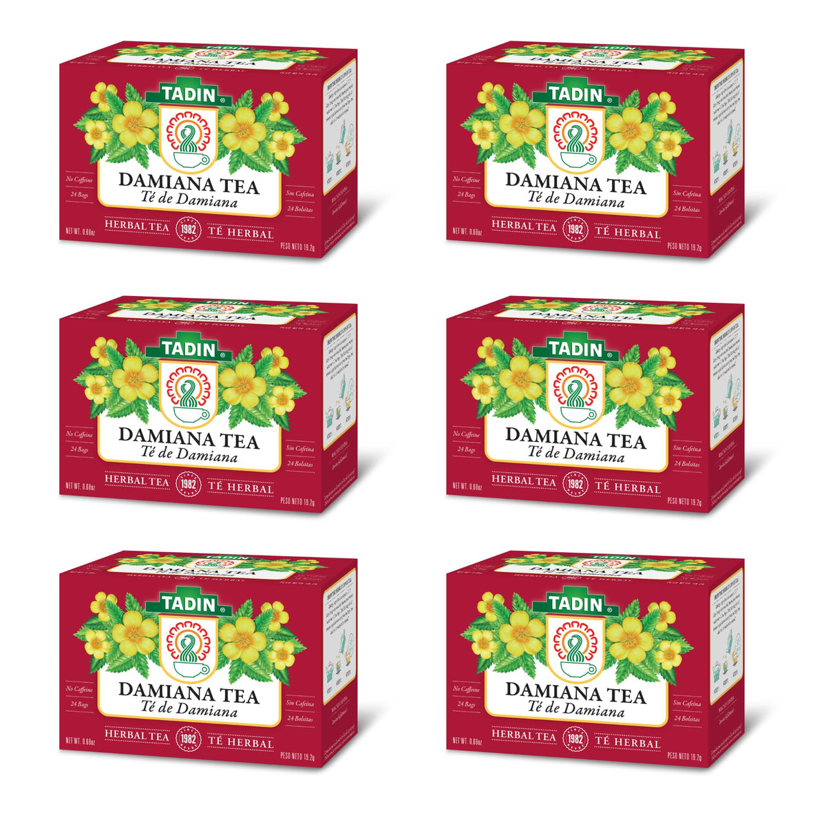 Tadin Damiana Tea box packaging highlights premium herbal blend.