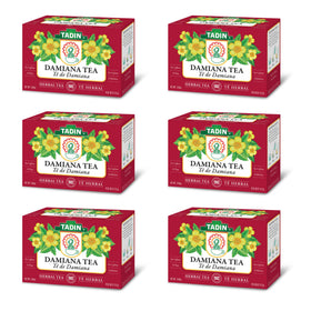 Tadin Damiana Tea box packaging highlights premium herbal blend.
