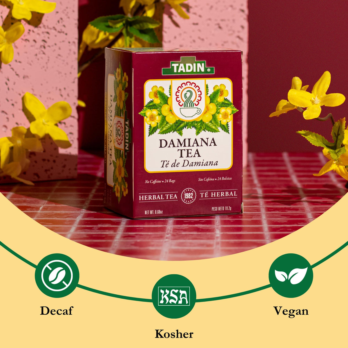 Steeping cup of Tadin Damiana Tea releases floral and woodsy notes.