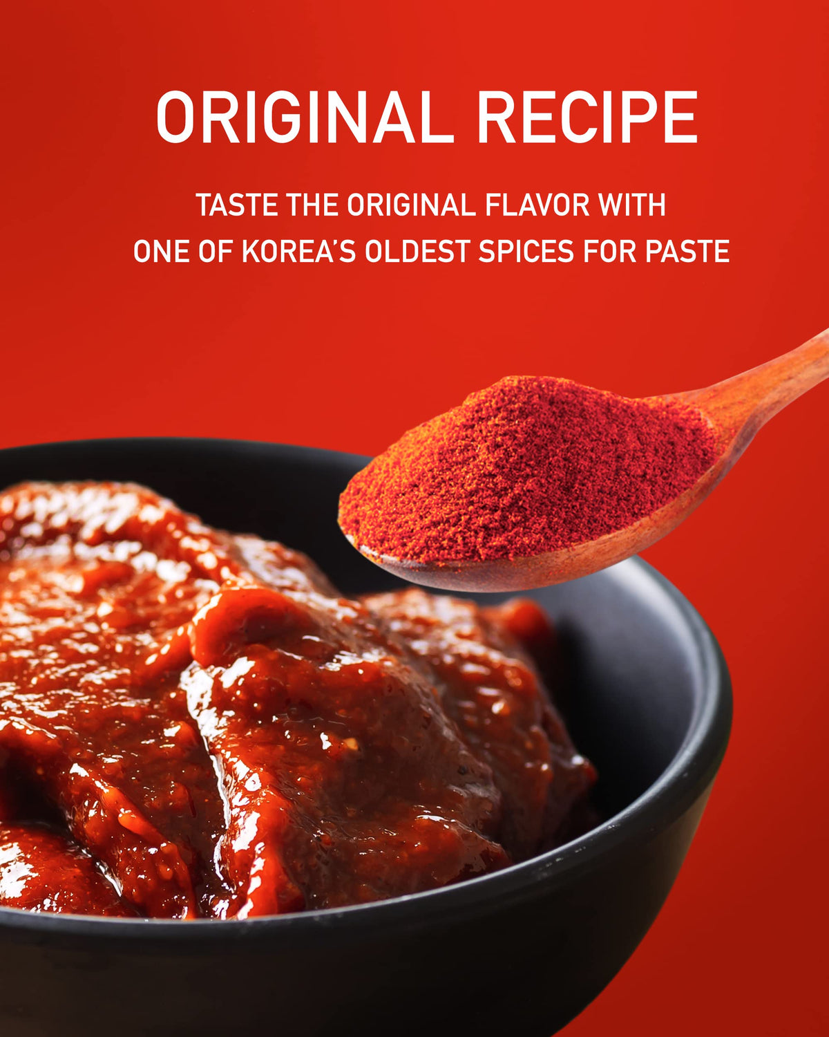 Taekyung chili powder fine powder close-up showing bright red texture.