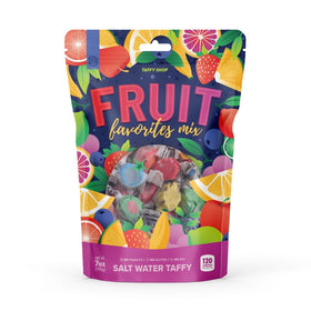 Taffy Shop Fruit Favorites variety of fruity flavors in a colorful assortment for gifting.